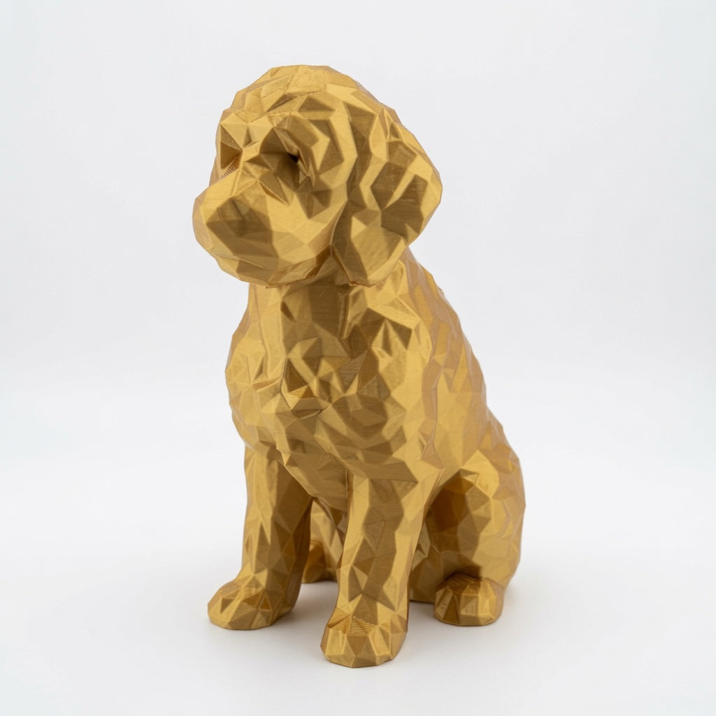 Low Poly Goldendoodle Sculpture – Geometric 3D Printed Dog Statue (Gold, Antique Gold & Bronze)