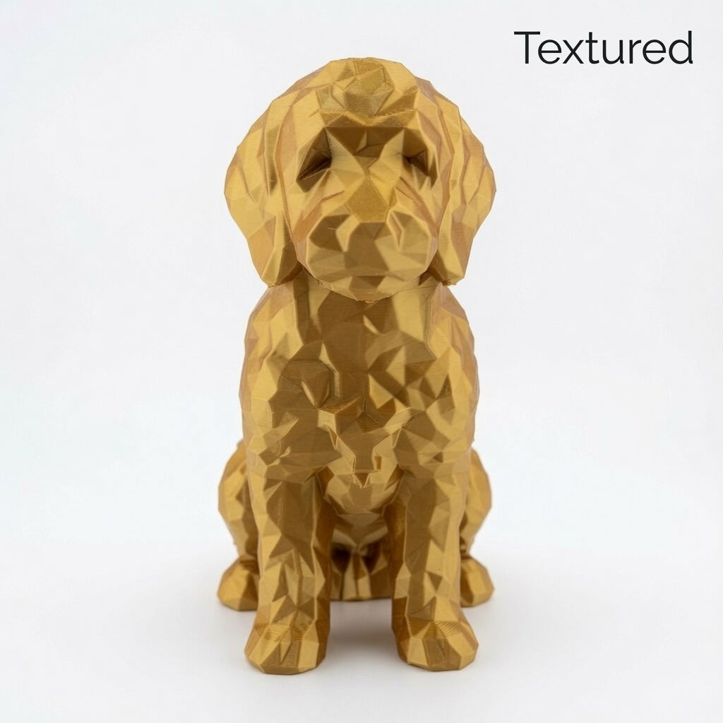Low Poly Goldendoodle Sculpture – Geometric 3D Printed Dog Statue (Gold, Antique Gold & Bronze)