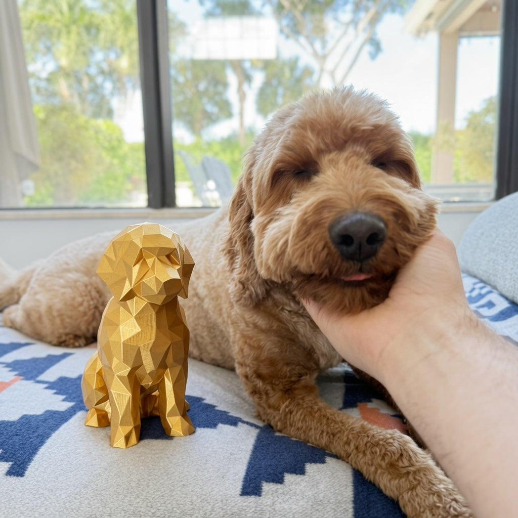 Low Poly Goldendoodle Sculpture – Geometric 3D Printed Dog Statue (Gold, Antique Gold & Bronze)
