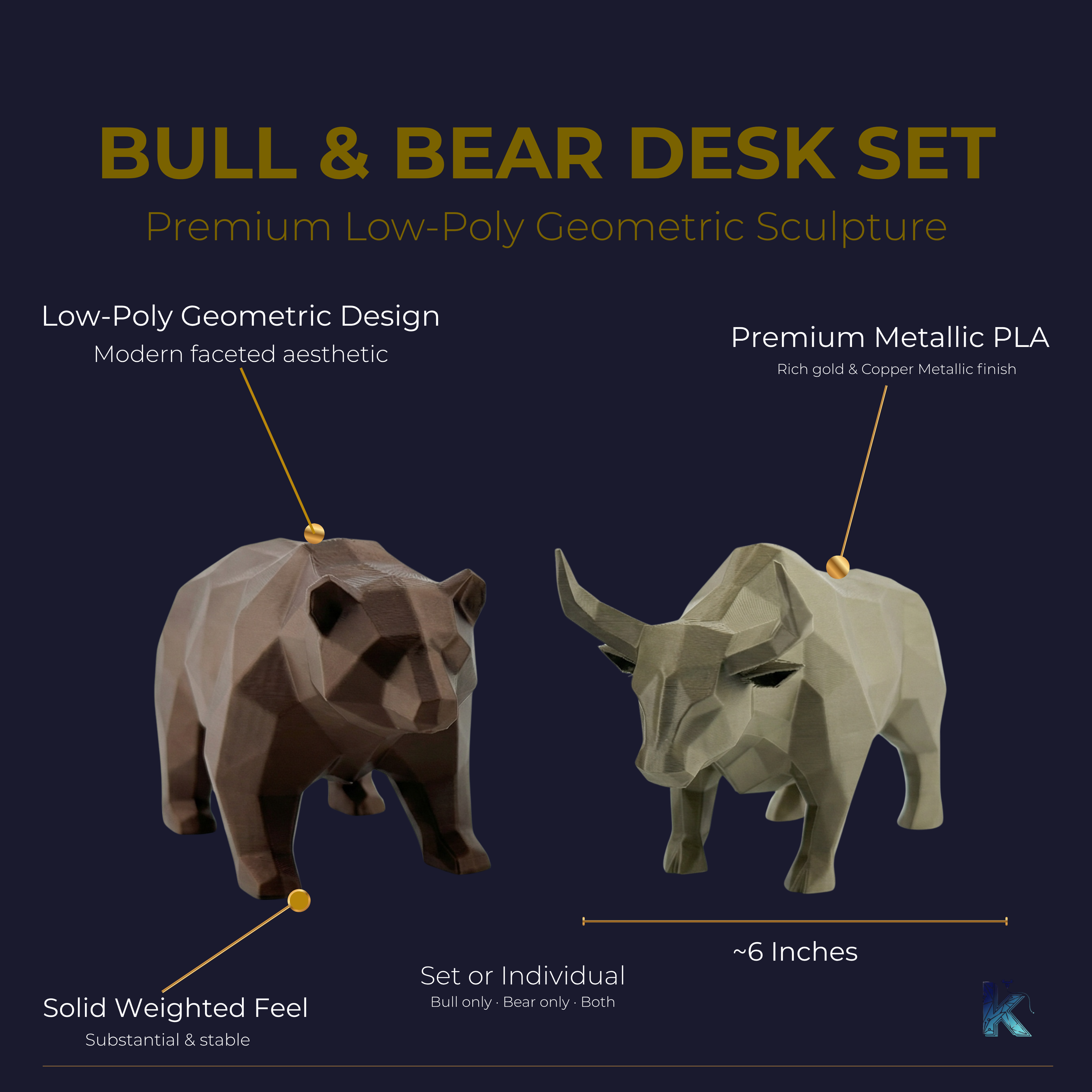 Bull & Bear Desk Sculpture Set | Geometric Crypto Trader Decor | Wall Street