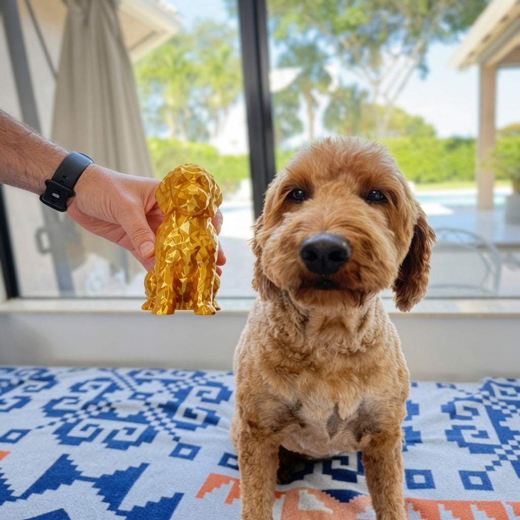 Low Poly Goldendoodle Sculpture – Geometric 3D Printed Dog Statue (Gold, Antique Gold & Bronze)