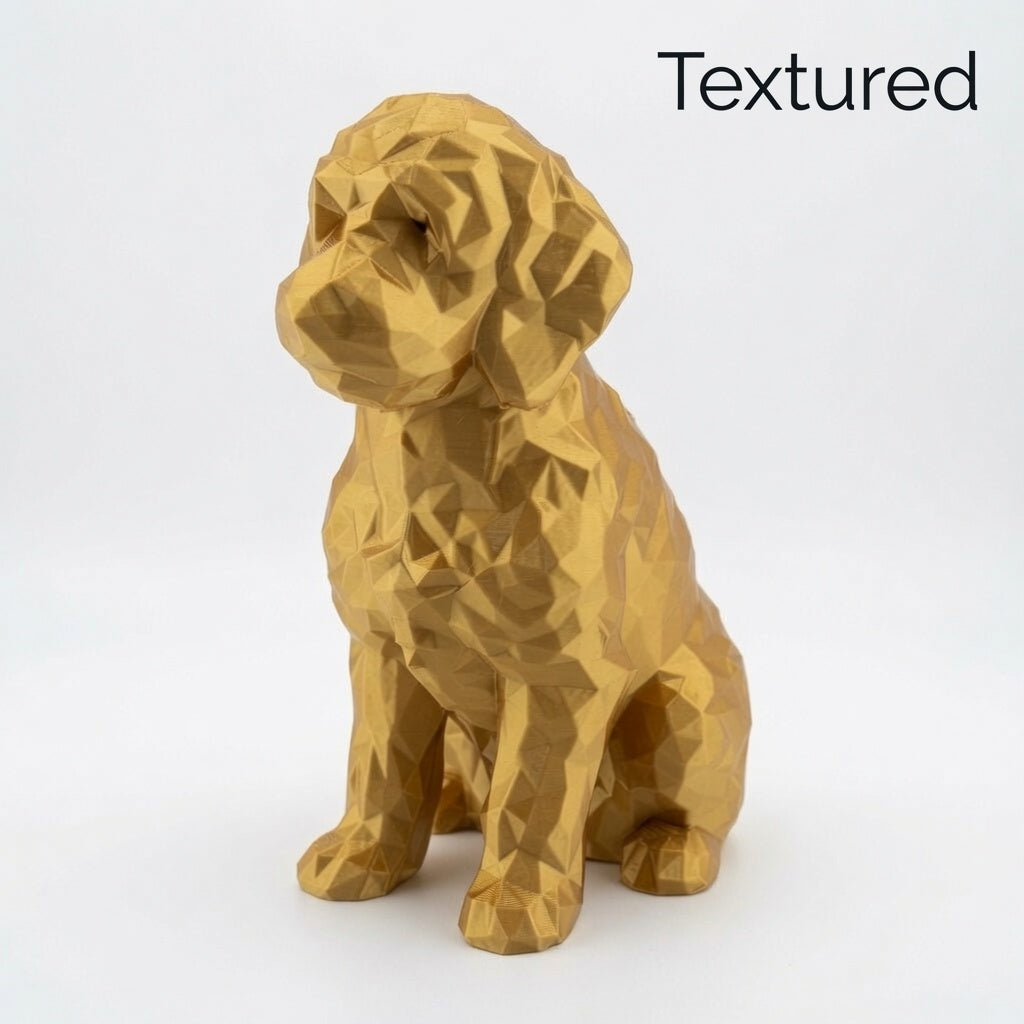 Low Poly Goldendoodle Sculpture – Geometric 3D Printed Dog Statue (Gold, Antique Gold & Bronze)