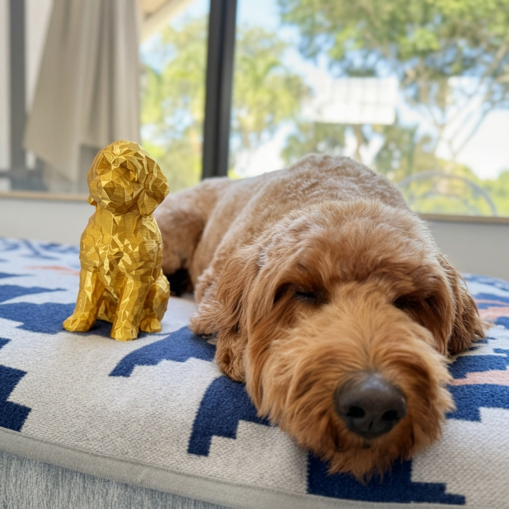 Low Poly Goldendoodle Sculpture – Geometric 3D Printed Dog Statue (Gold, Antique Gold & Bronze)