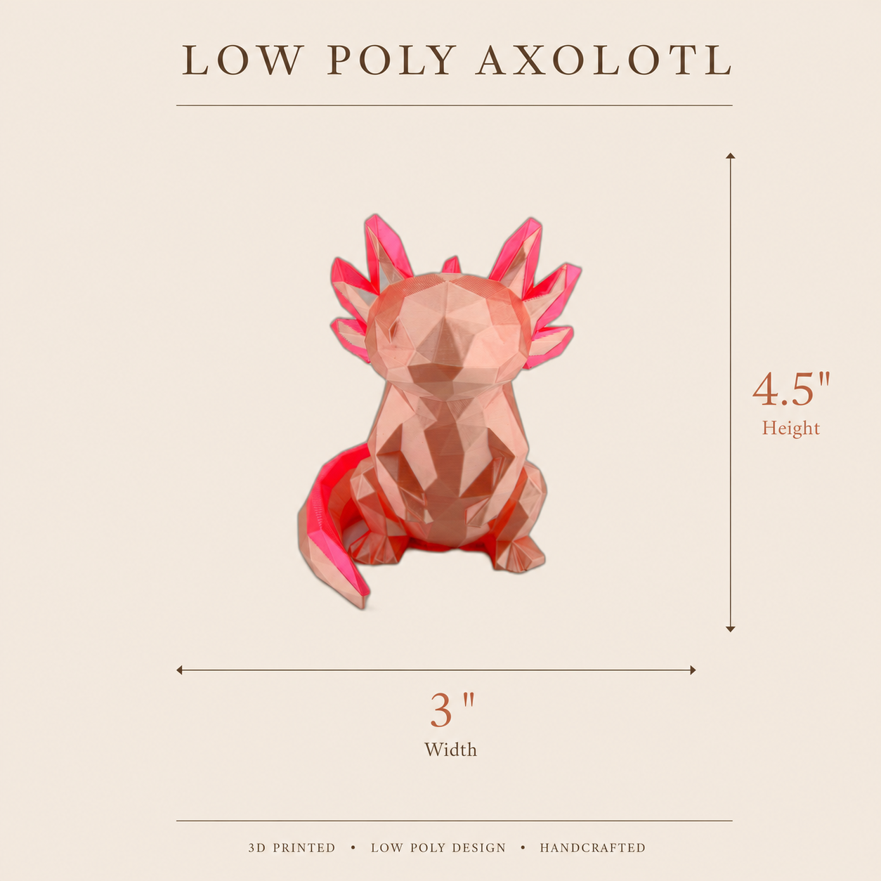 Low Poly Axolotl Figurine – Geometric 3D Printed Silk Pink Sculpture