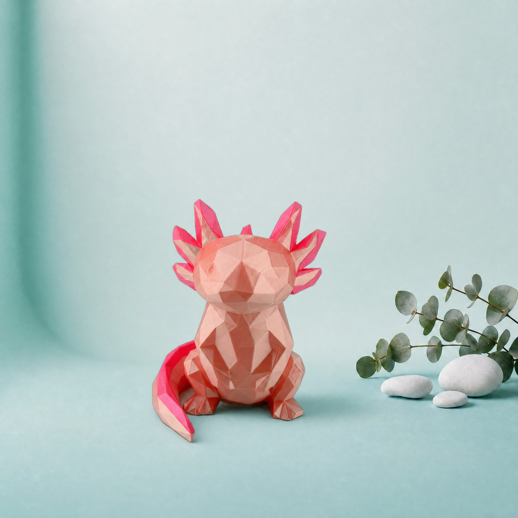 Low Poly Axolotl Figurine – Geometric 3D Printed Silk Pink Sculpture