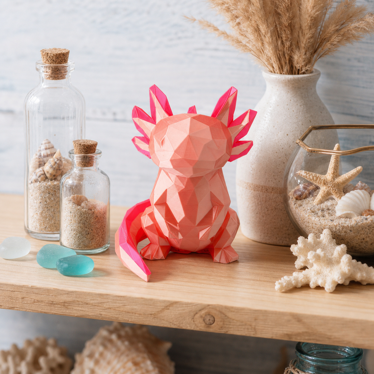 Low Poly Axolotl Figurine – Geometric 3D Printed Silk Pink Sculpture