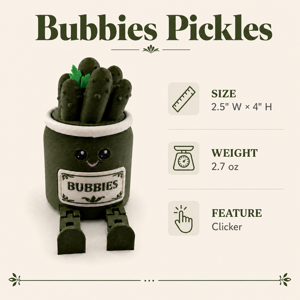 Bubbies Pickles Fidget Clicker | 3D Printed Pickle Jar Desk Toy