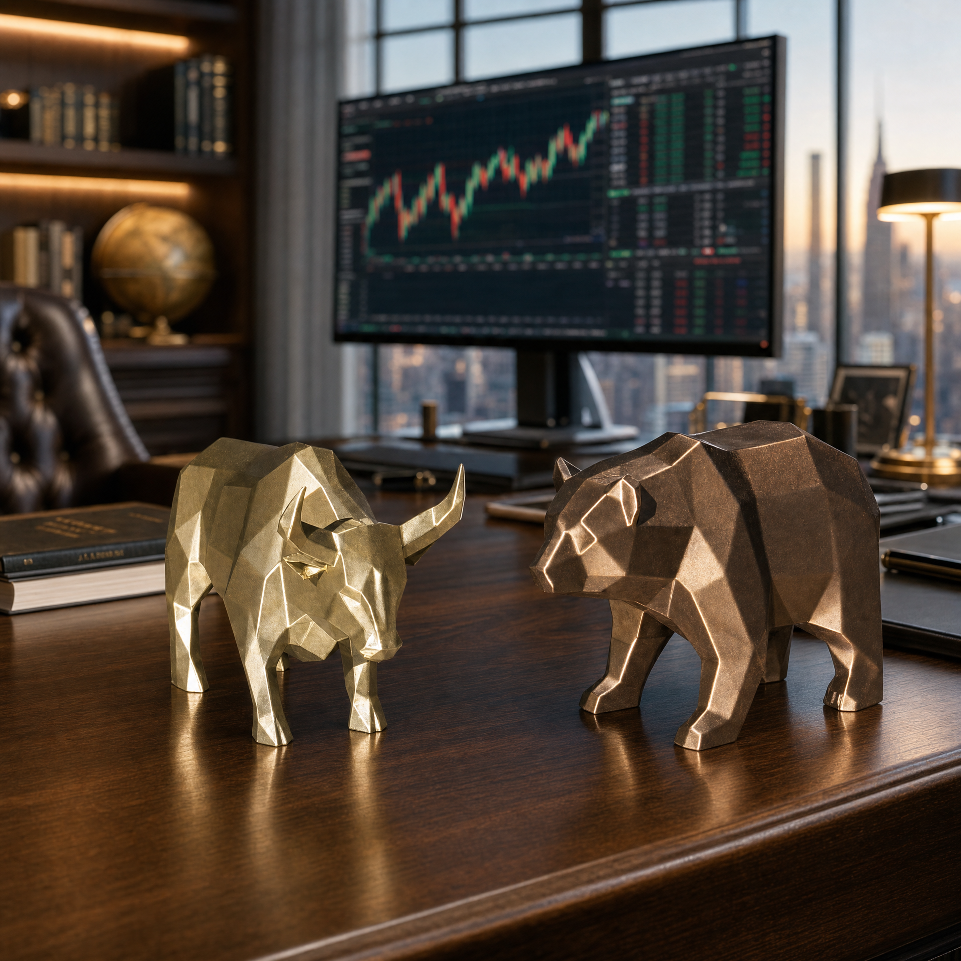 Bull & Bear Desk Sculpture Set | Geometric Crypto Trader Decor | Wall Street
