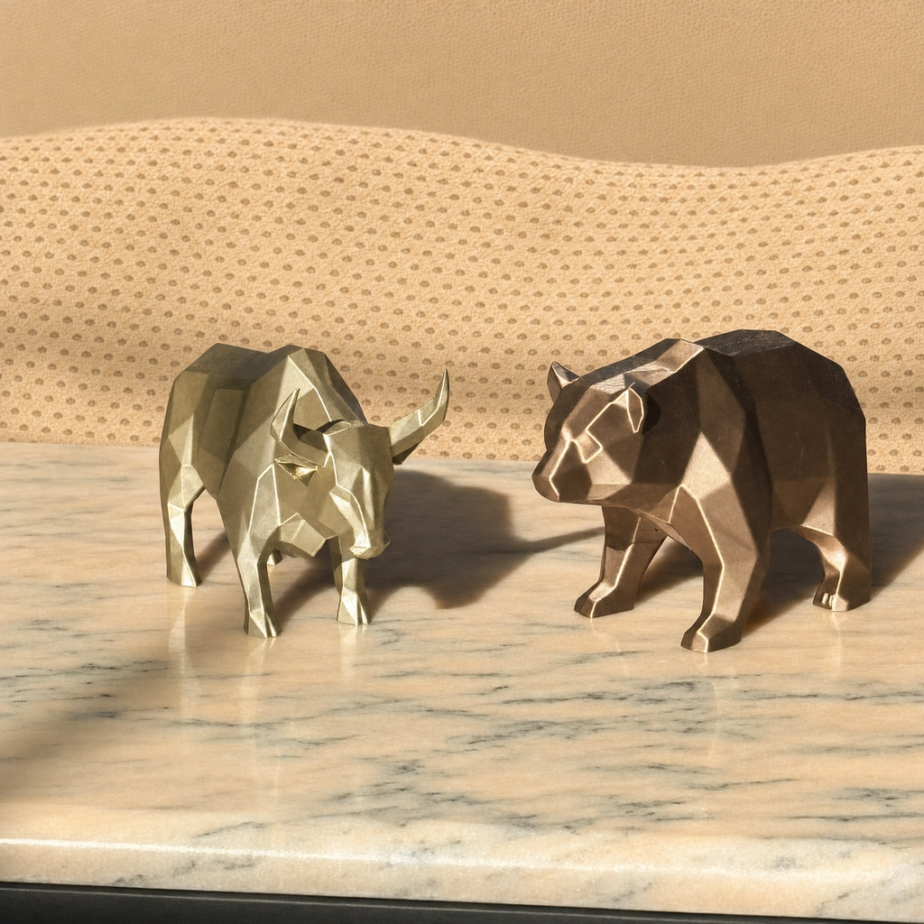 Bull & Bear Desk Sculpture Set | Geometric Crypto Trader Decor | Wall Street