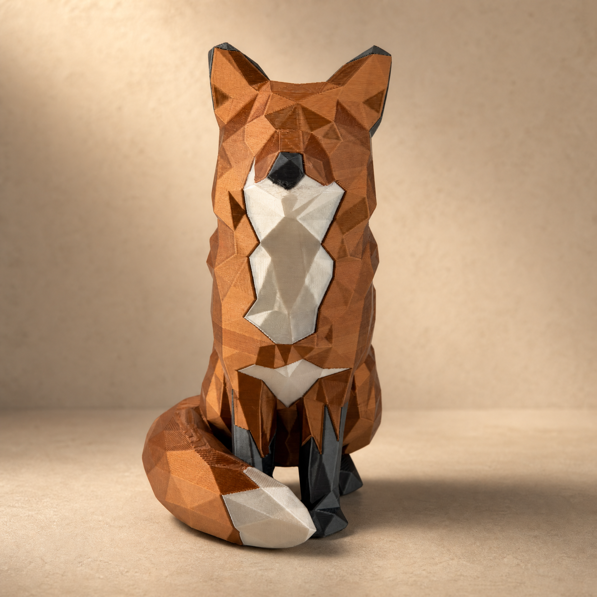 Low Poly Fox Figurine – Multi-Color 3D Printed Geometric Sitting Fox Sculpture