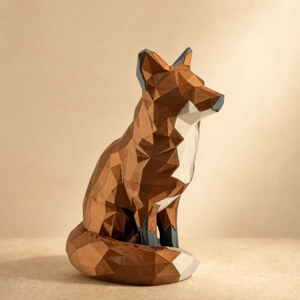 Low Poly Fox Figurine – Multi-Color 3D Printed Geometric Sitting Fox Sculpture