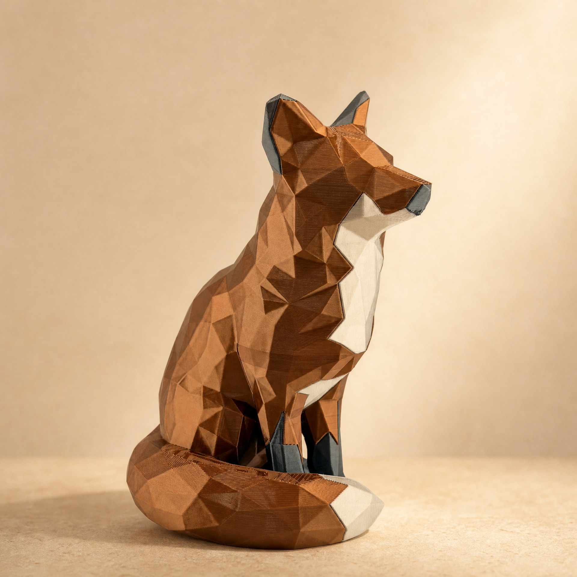 Low Poly Fox Figurine – Multi-Color 3D Printed Geometric Sitting Fox Sculpture