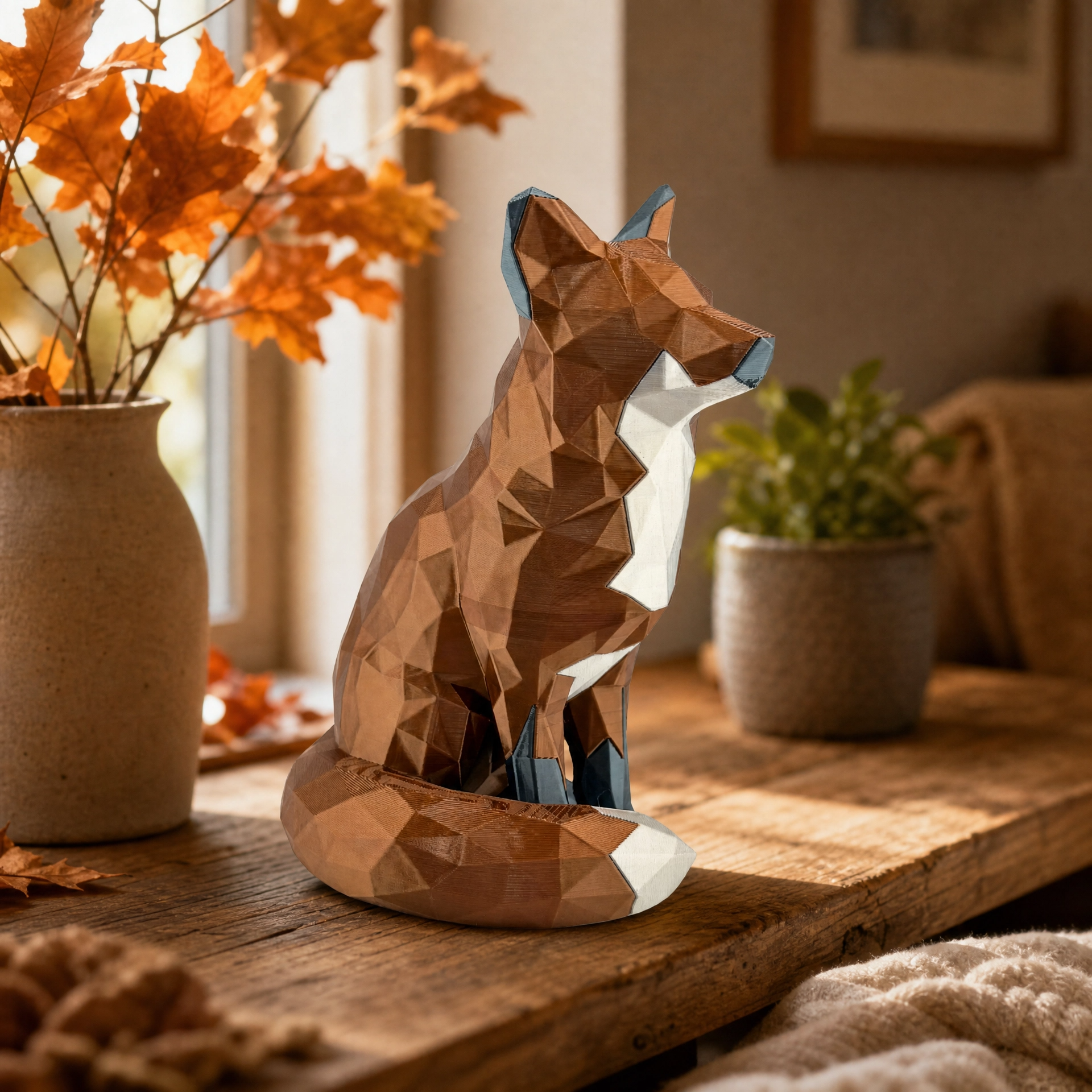 Low Poly Fox Figurine – Multi-Color 3D Printed Geometric Sitting Fox Sculpture