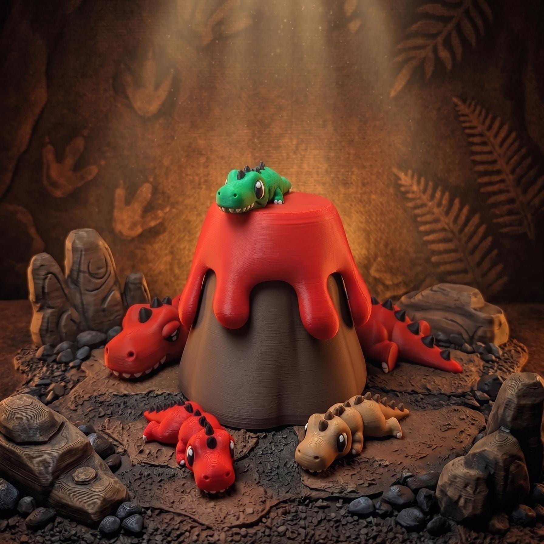 Volcano Dino Den Playset – 3D Printed Articulated Dinosaurs with Storage