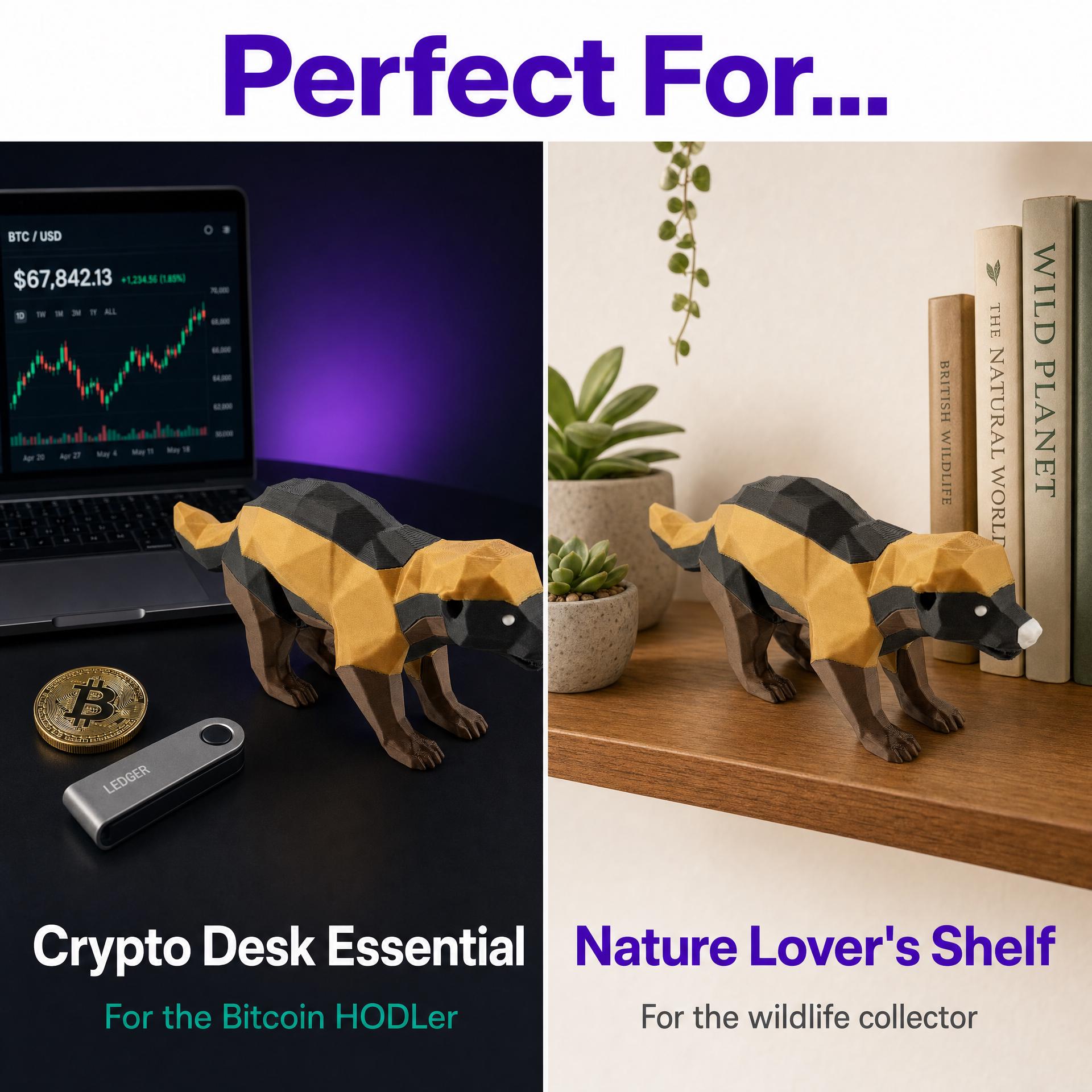 Honey Badger Figurine – Low-Poly 3D Printed Bitcoin HODL Desk Statue