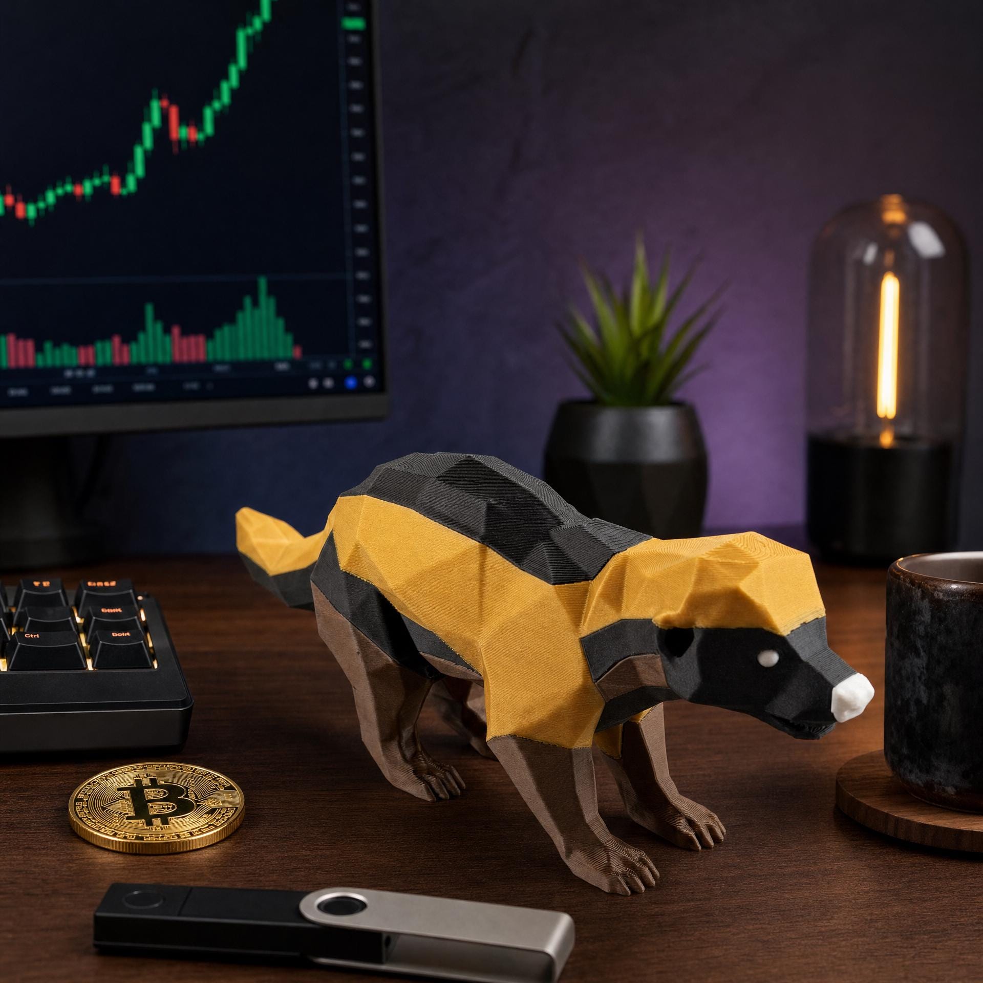 Honey Badger Figurine – Low-Poly 3D Printed Bitcoin HODL Desk Statue