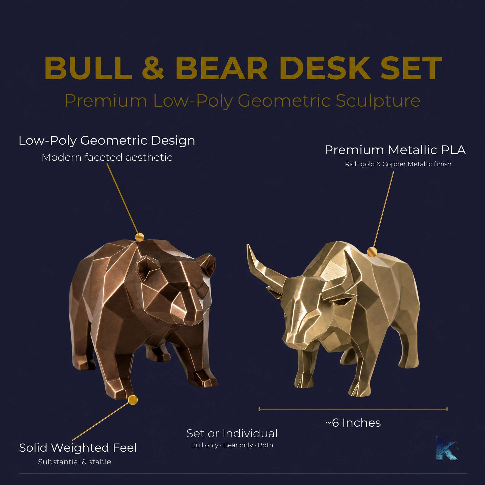 Bull & Bear Desk Sculpture Set | Geometric Crypto Trader Decor | Wall Street