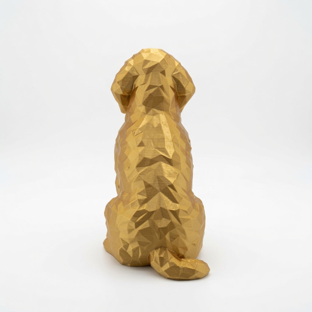 Low Poly Goldendoodle Sculpture – Geometric 3D Printed Dog Statue (Gold, Antique Gold & Bronze)