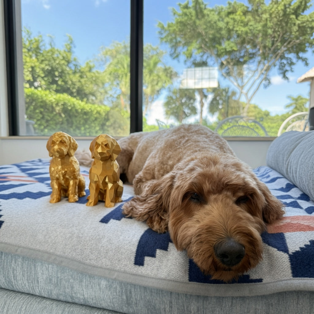 Low Poly Goldendoodle Sculpture – Geometric 3D Printed Dog Statue (Gold, Antique Gold & Bronze)