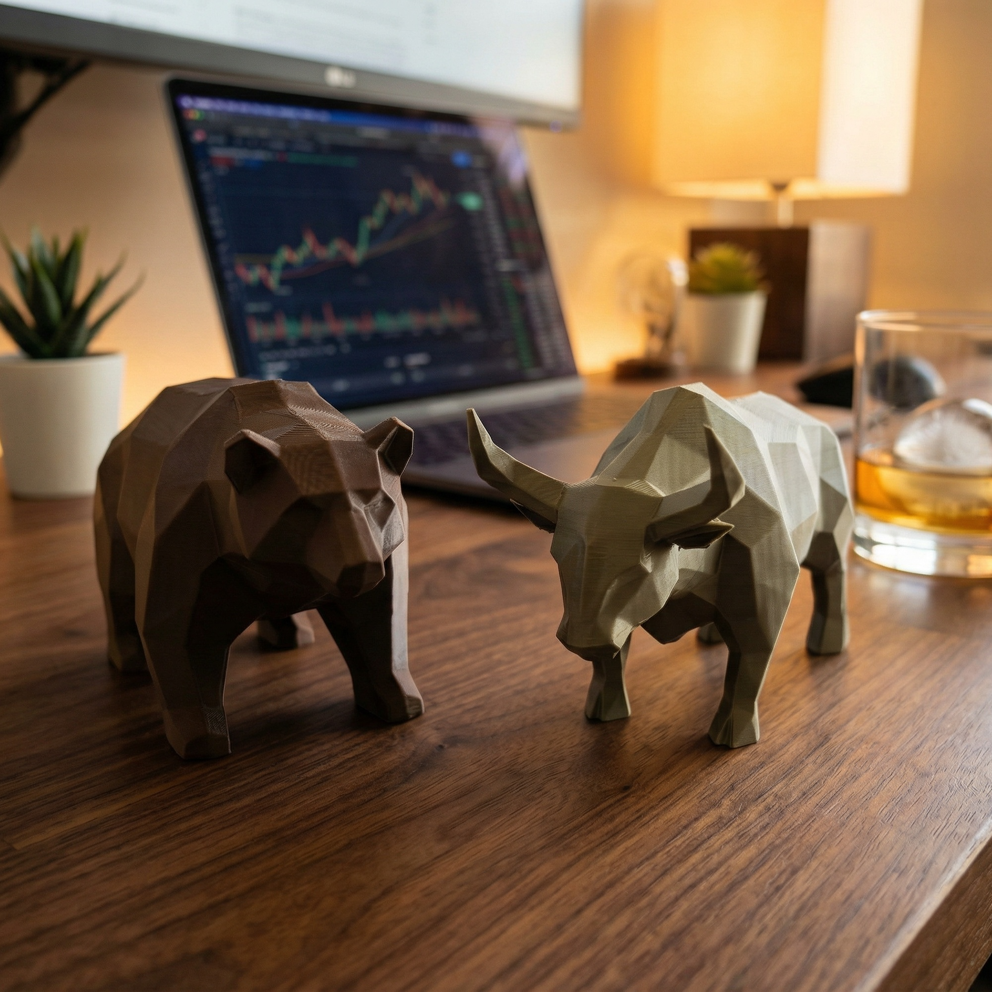 Bull & Bear Desk Sculpture Set | Geometric Crypto Trader Decor | Wall Street