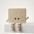 A cute, novelty cracker toy figure with a smiling face, articulated arms, and legs, sitting on a white block against a light gray background.