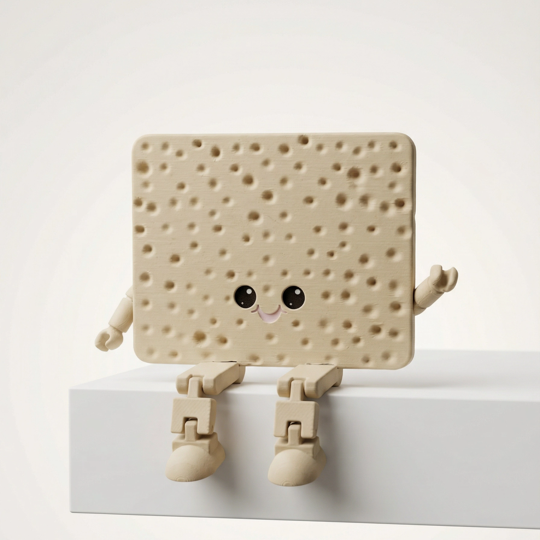 A cute, novelty cracker toy figure with a smiling face, articulated arms, and legs, sitting on a white block against a light gray background.