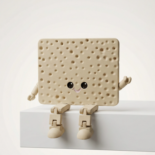 A cute, novelty cracker toy figure with a smiling face, articulated arms, and legs, sitting on a white block against a light gray background.