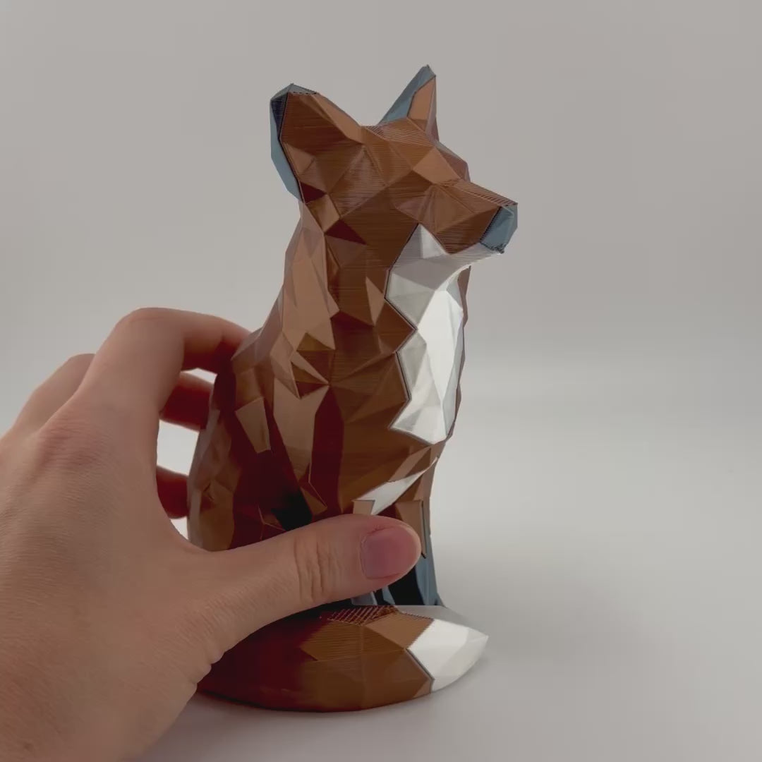 Low Poly Fox Figurine – Multi-Color 3D Printed Geometric Sitting Fox Sculpture