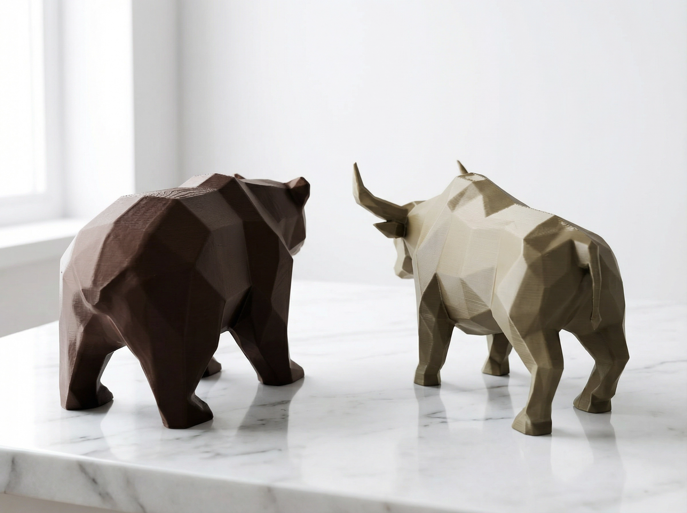 Bull & Bear Desk Sculpture Set | Geometric Crypto Trader Decor | Wall Street